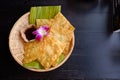 Crispy wonton. Fried wonton sheets in basket. Royalty Free Stock Photo