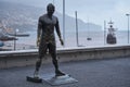 Cristiano Ronaldo statue in Funchal, Madeira in front of CR7 museum and a caravel boat, in Portugal