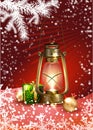 Cristmas card with antique lamp and gift Merry Cristmas greeting card and Happy New Year card