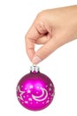 Cristmas decoration, glass blue ball in hand isolated on white background. New Year object Royalty Free Stock Photo