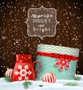 Cristmas greeting card with giftbox and red teacup