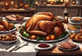 Illustration of a dining table with typical Christmas foods and a beautiful roast turkey in the center Royalty Free Stock Photo