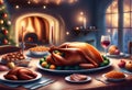 Illustration of a dining table with typical Christmas foods and a beautiful roast turkey in the center Royalty Free Stock Photo