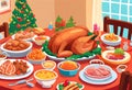 Illustration of a dining table with typical Christmas foods and a beautiful roast turkey in the center Royalty Free Stock Photo