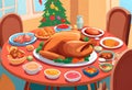 Illustration of a dining table with typical Christmas foods and a beautiful roast turkey in the center Royalty Free Stock Photo