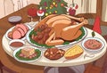 Illustration of a dining table with typical Christmas foods and a beautiful roast turkey in the center Royalty Free Stock Photo