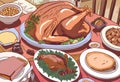 Illustration of a dining table with typical Christmas foods and a beautiful roast turkey in the center Royalty Free Stock Photo