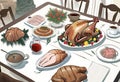 Illustration of a dining table with typical Christmas foods and a beautiful roast turkey in the center Royalty Free Stock Photo