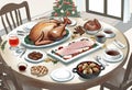 Illustration of a dining table with typical Christmas foods and a beautiful roast turkey in the center Royalty Free Stock Photo