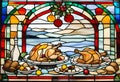 Stained glass. A dining table with typical Christmas foods and a beautiful roast turkey in the center Royalty Free Stock Photo