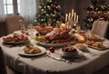 A dining table with typical Christmas foods and a beautiful roast turkey in the center Royalty Free Stock Photo