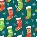 Cristmas seamless pattern with stockings on dark background. Vector illustration