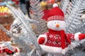 Cristmas soft toy of a snowman in a red sweater, scarf and hat Royalty Free Stock Photo