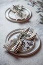 Cristmas table cutlery set with holiday decoration. Top view, copy space