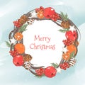 Cristmas wreath with apples, pine cones, oranges and stars Royalty Free Stock Photo