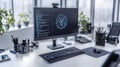 Cybersecurity alert on computer screen in modern office workspace with technology and innovation view