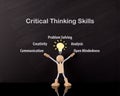 Critical Thinking Skills Concept, Wooden Stick Figure Arms Up, Big Yellow Light Bulb Sketch