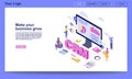 CRM for business growth isometric landing page vector template. Client data analysis, marketing statistics. Customer management