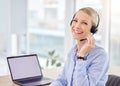 Crm, call center and telemarketing woman worker with blank computer screen on a tech consultation. Portrait of a Royalty Free Stock Photo