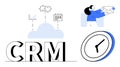 CRM concept with cloud integration, puzzle pieces, email communication, graphs, and time management Royalty Free Stock Photo