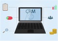 CRM concept design with vector elements. Flat icons of accounting system, graphics, clients, support, deal. Organization