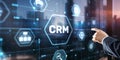 CRM Customer Relationship Management. Businessman clicks. Business Internet Techology Concept