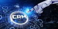 CRM Customer relationship management software system. Business technology concept. 3d render robot pressing button Royalty Free Stock Photo