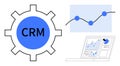 CRM gear with data charts on screen and growth graph illustrating analytics and management Royalty Free Stock Photo