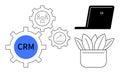 CRM gears with growth chart, connected team, laptop, and plant symbolizing business productivity Royalty Free Stock Photo