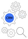 CRM Integration Gears with Analytics, User Profiles, and Search Elements in Black and Blue Royalty Free Stock Photo
