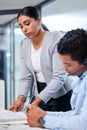 Crm intern, woman manager and call center staff writing in a office with telemarketing information. Worker, management Royalty Free Stock Photo