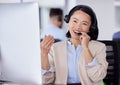 CRM, smile or asian woman on computer on microphone for customer support, consulting or networking in office. Happy