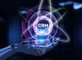 CRM System Software Customer relationship management concept. Robotic hand pressing button 3d render