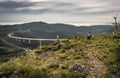 Crni Kal, Slovenia - May 25, 2019: woman admiring upper panoramic view on viaduct of crni kal, beside adriatic sea, slovenia