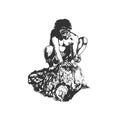 A CRO magnon man makes fire. Primitive man, Neanderthal. Graphic sketch