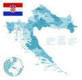 Croatia administrative blue-green map with country flag and location on a globe Royalty Free Stock Photo