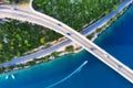 Croatia. Aerial view on bridge above sea. Highway above water. View from a drone. Natural landscape in summer time from air.