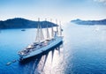 Croatia. Aerial view at the cruise ship with sail at the day time. Adventure and travel.  Landscape with cruise liner on Adriatic Royalty Free Stock Photo