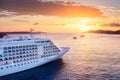 Croatia. Aerial view at the cruise ship during sunset. Adventure and travel. Landscape with cruise liner on Adriatic sea. Luxury