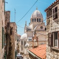 Croatia, city of Sibenik, panoramic view of the old town center and cathedral of St James, most important architectural Royalty Free Stock Photo