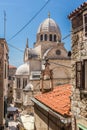 Croatia, city of Sibenik, panoramic view of the old town center and cathedral of St James, most important architectural