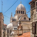 Croatia, city of Sibenik, panoramic view of the old town center and cathedral of St James, most important architectural Royalty Free Stock Photo