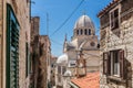 Croatia, city of Sibenik, panoramic view of the old town center and cathedral of St James, most important architectural Royalty Free Stock Photo