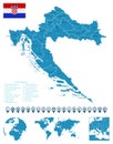 Croatia - detailed blue country map with cities, regions, location on world map and globe. Infographic icons Royalty Free Stock Photo