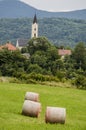 Croatia, haystacks, church, crop, wheat field, fields, agriculture, corn, green, environment, climate change, global warming Royalty Free Stock Photo