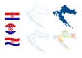 Croatia map. Detailed blue outline and silhouette. Administrative divisions and counties. Country flag. Set of vector maps. All is Royalty Free Stock Photo