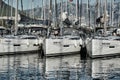 Croatia, Split, 15 September 2019: The number of sailboats with the blue sky and mountain on a background, a sail Royalty Free Stock Photo