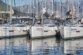 Croatia, Split, 15 September 2019: The number of sailboats with the blue sky and mountain on a background, a sail Royalty Free Stock Photo