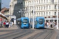 City blue tram cars at stop in downtown. Zagreb, Croatia