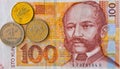 Croatian currency note 100 Kuna banknote and coins macro
